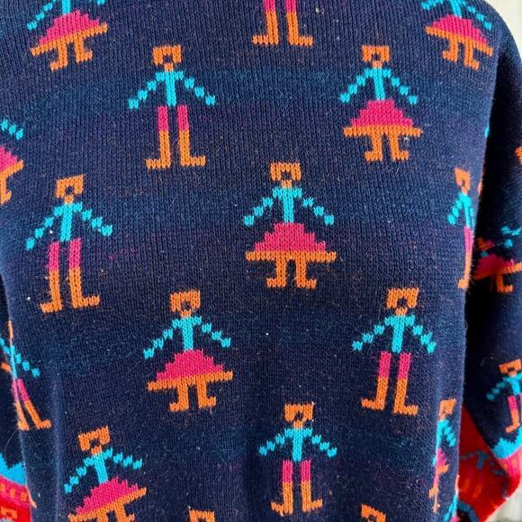VTG Y2K Pixelated People Stick Figure Sweater 90s Blue Red Ugly XL Unisex - Picture 6 of 6